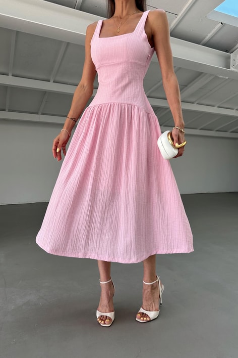 Kalın Askılı Midi Elbise Pembe