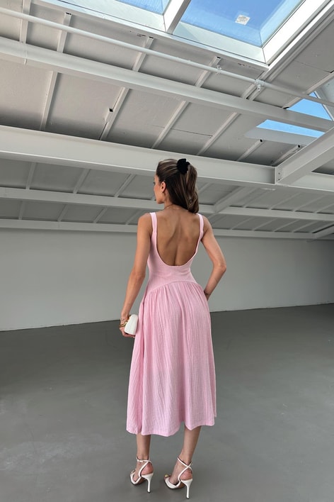 Kalın Askılı Midi Elbise Pembe