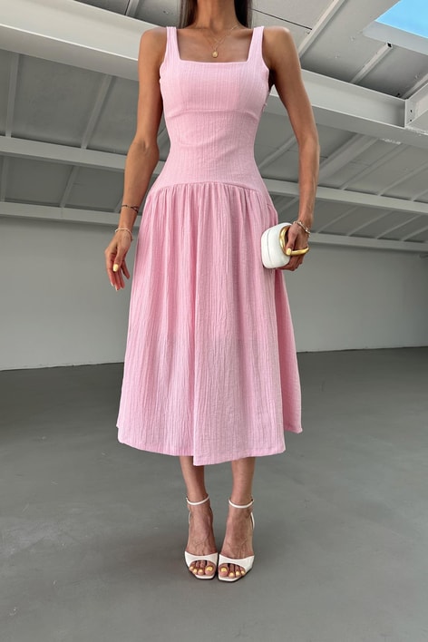 Kalın Askılı Midi Elbise Pembe