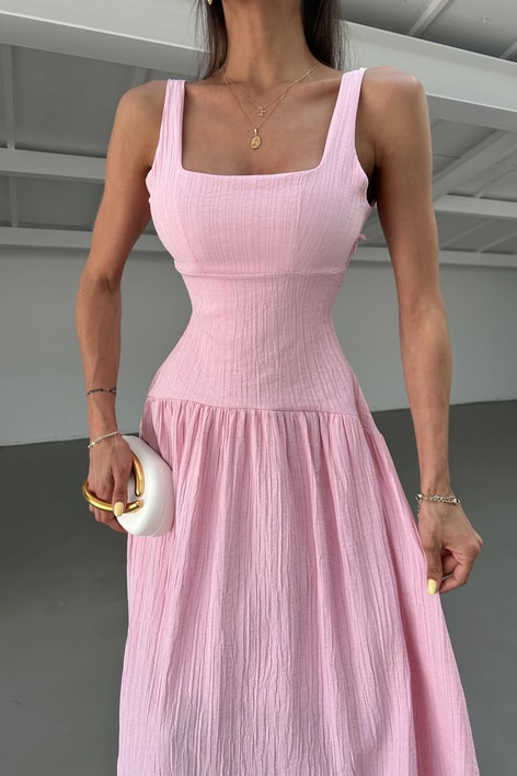 Kalın Askılı Midi Elbise Pembe