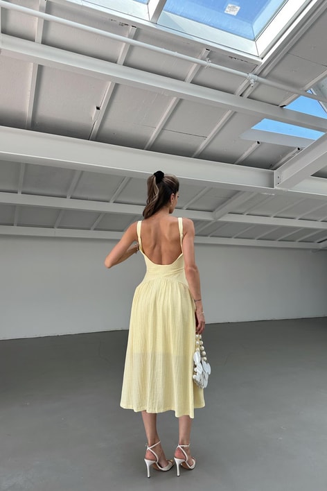 Kalın Askılı Midi Elbise Sarı