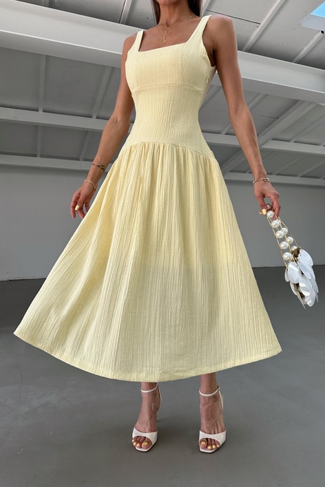 Kalın Askılı Midi Elbise Sarı