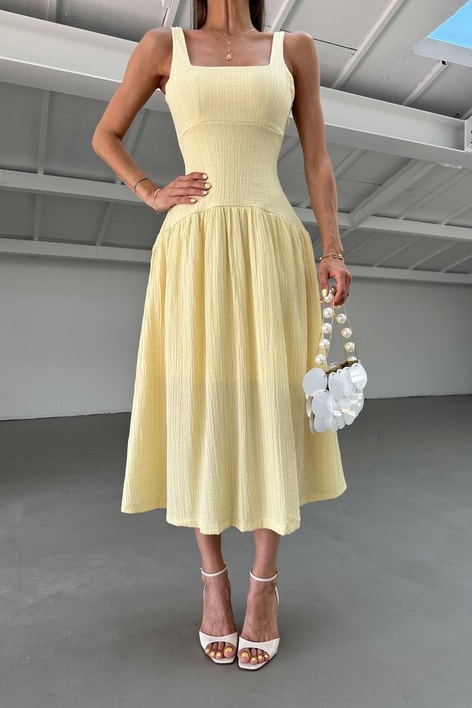Kalın Askılı Midi Elbise Sarı
