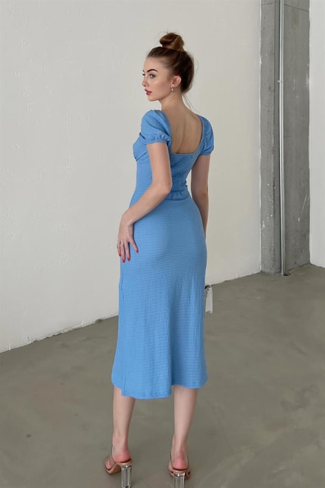 Kalp Yaka Carlen Elbise Mavi