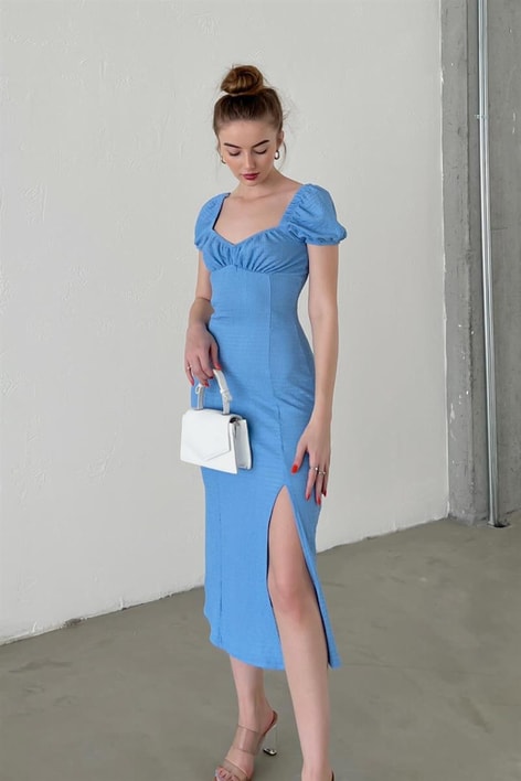 Kalp Yaka Carlen Elbise Mavi