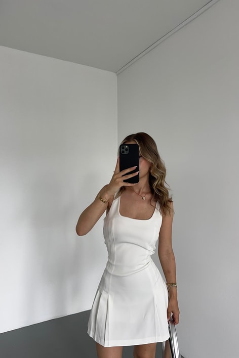 Kare Yaka Askılı Kısa Elbise Ekru