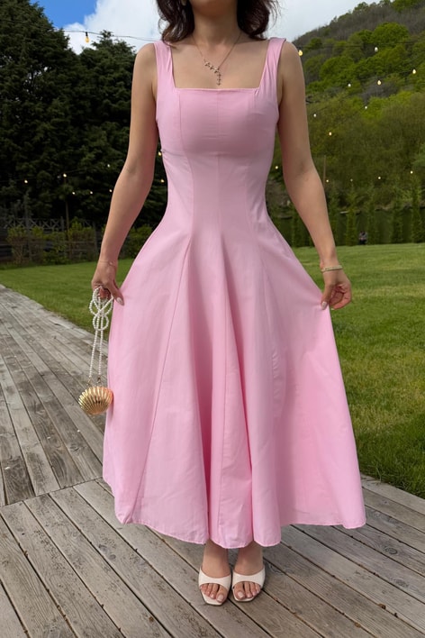 Kare Yaka Kolsuz Elbise Pembe