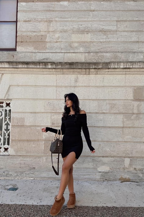 Karmen Yaka Fitilli Elbise Siyah