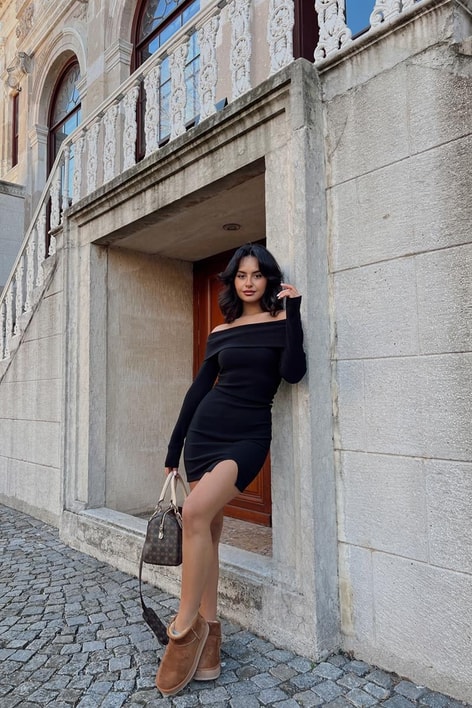 Karmen Yaka Fitilli Elbise Siyah