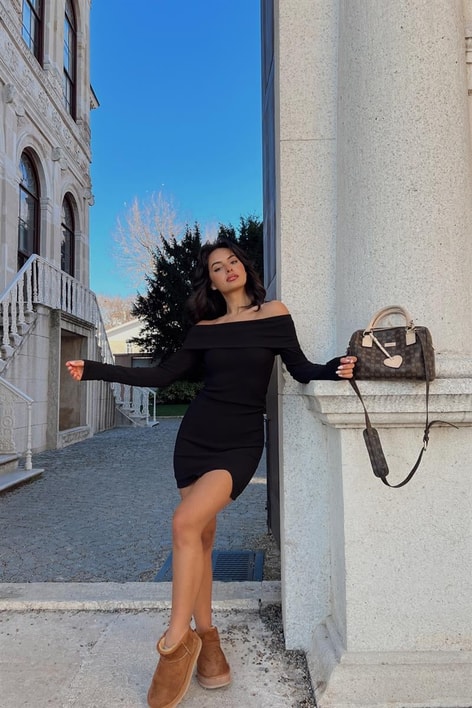 Karmen Yaka Fitilli Elbise Siyah