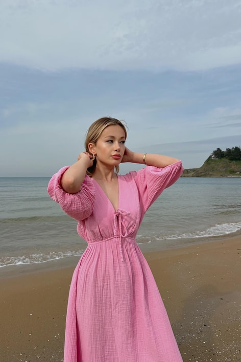 Karpuz Kol Müslin Elbise Pembe