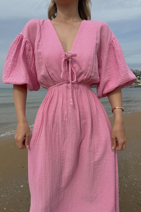 Karpuz Kol Müslin Elbise Pembe