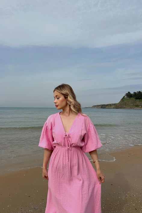 Karpuz Kol Müslin Elbise Pembe