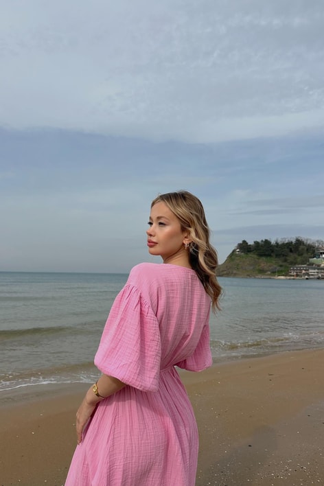 Karpuz Kol Müslin Elbise Pembe
