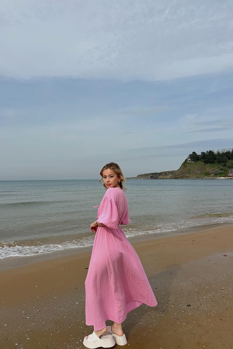 Karpuz Kol Müslin Elbise Pembe