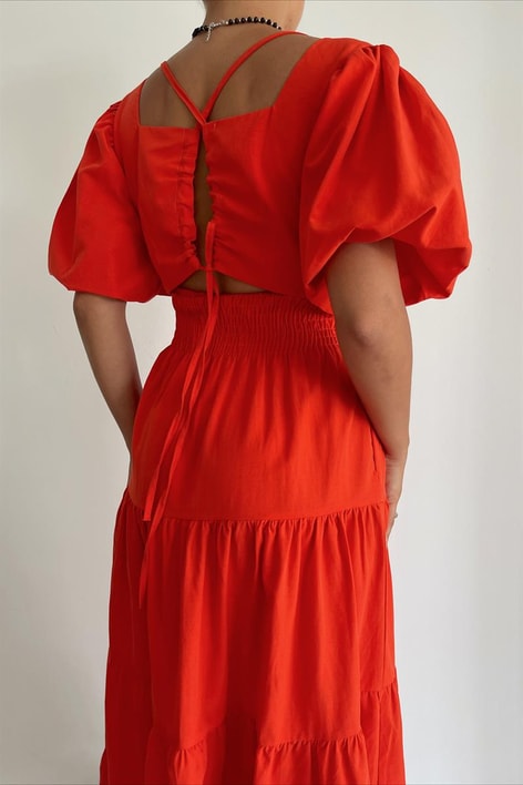 Karpuz Kol Poplin Elbise Oranj