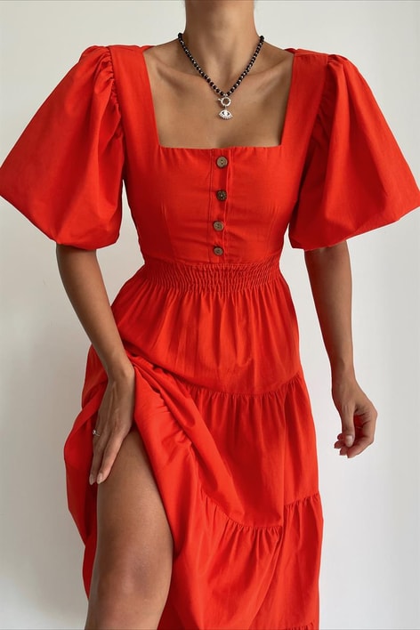 Karpuz Kol Poplin Elbise Oranj