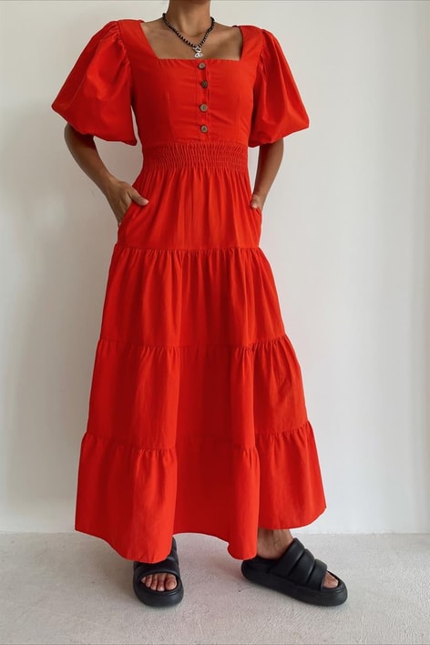 Karpuz Kol Poplin Elbise Oranj