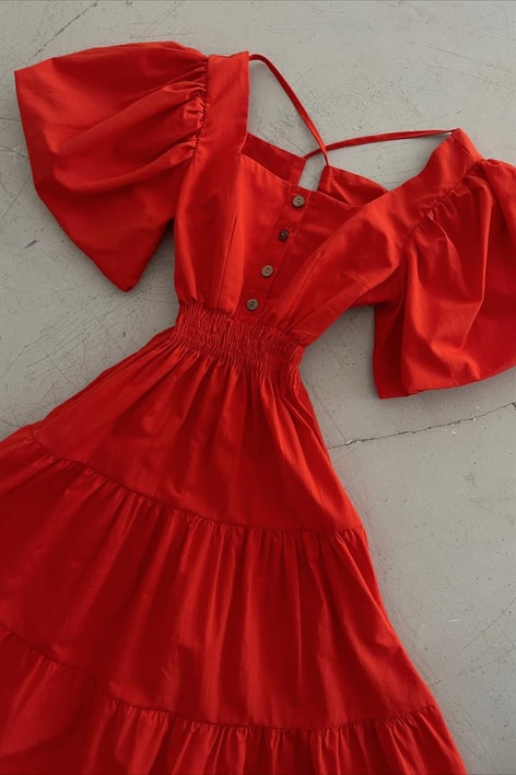 Karpuz Kol Poplin Elbise Oranj