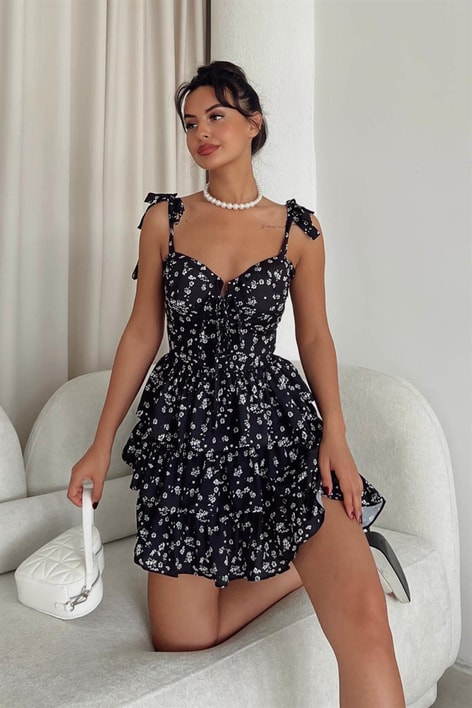 Kat Kat Çıtır Elbise Siyah