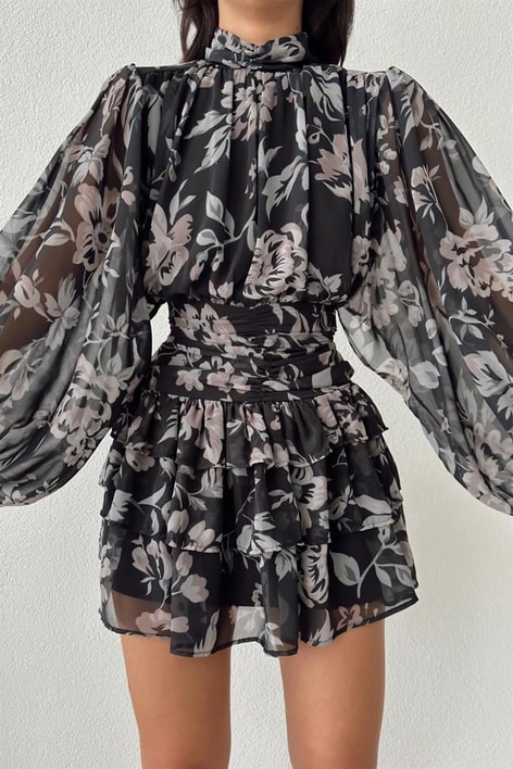 Kat Kat Etekli Kamelya Elbise Siyah