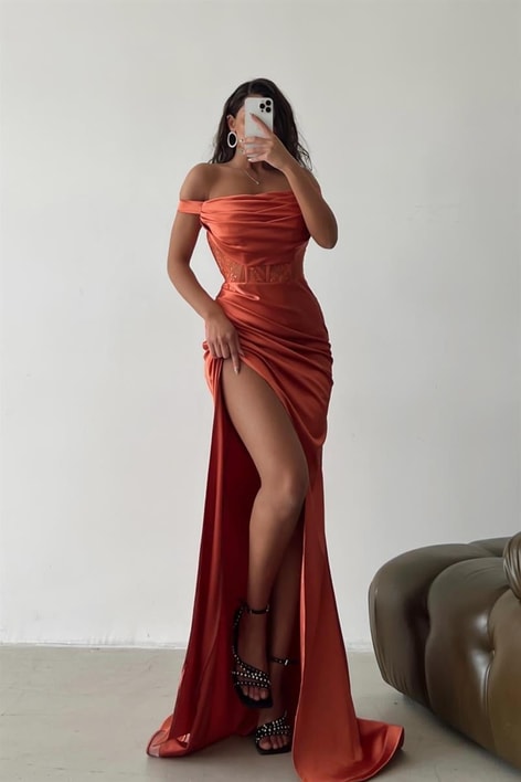 Kayık Yaka Drape Stella Elbise Kiremit