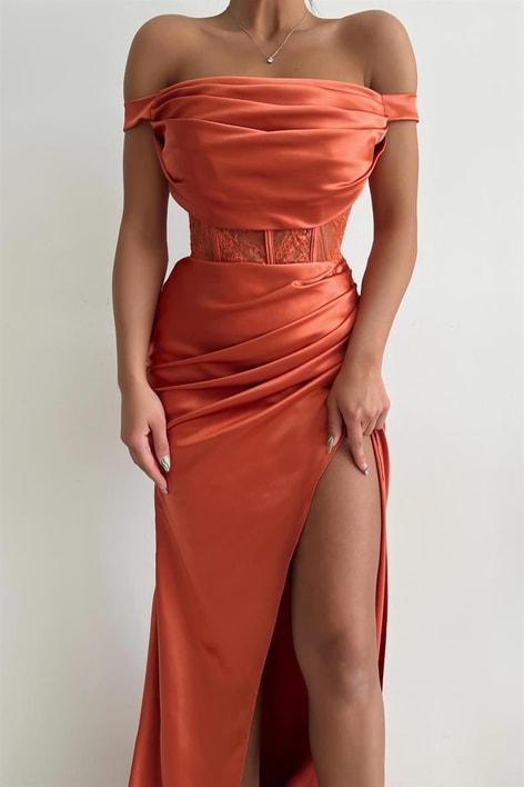 Kayık Yaka Drape Stella Elbise Kiremit