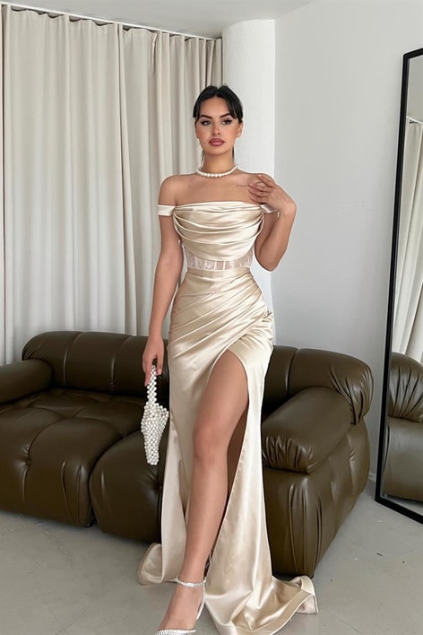 Kayık Yaka Drape Stella Elbise Pudra