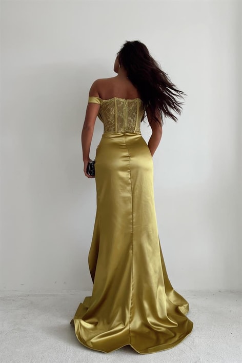 Kayık Yaka Drape Stella Elbise Yağ Yeşili