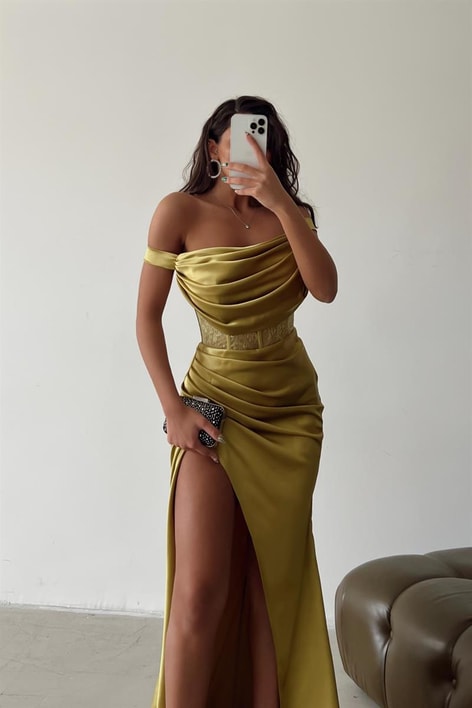 Kayık Yaka Drape Stella Elbise Yağ Yeşili