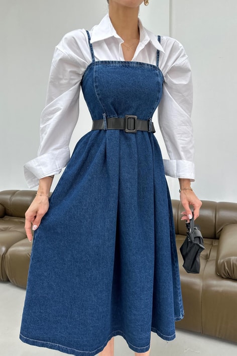 Kemerli Denim Elbise Lacivert