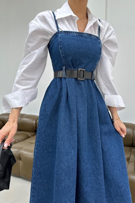 Kemerli Denim Elbise Lacivert