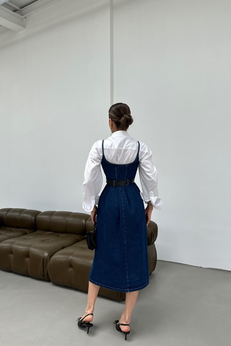 Kemerli Denim Elbise Lacivert