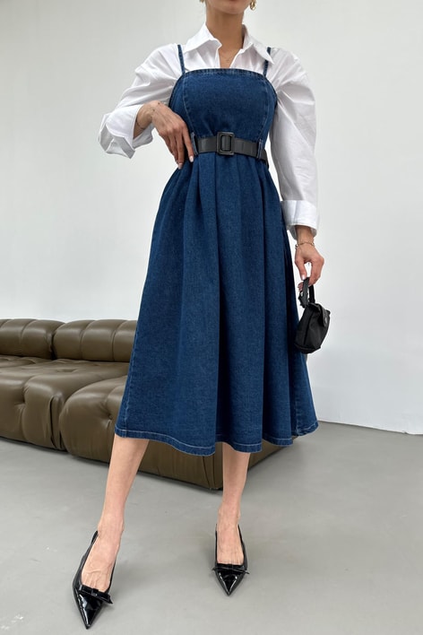 Kemerli Denim Elbise Lacivert