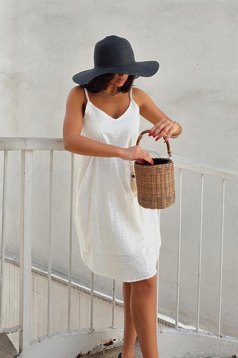 Keten Askılı Elbise Beyaz