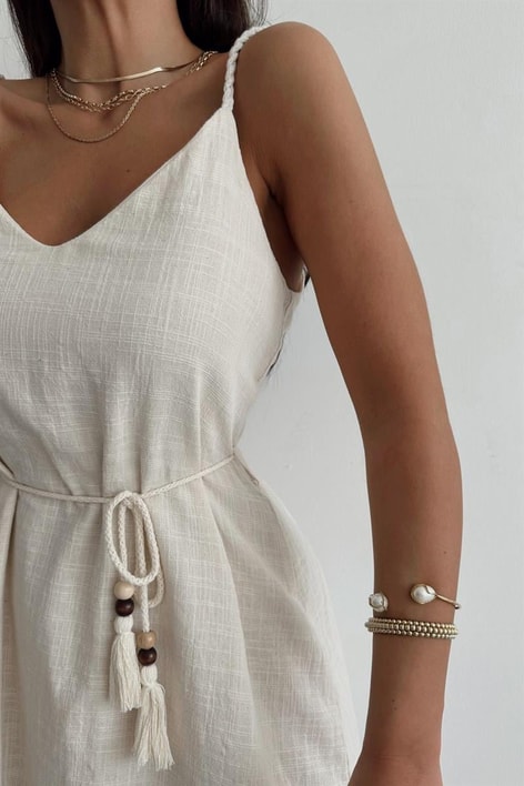 Keten Askılı Elbise Ekru