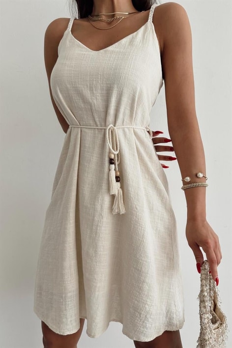 Keten Askılı Elbise Ekru