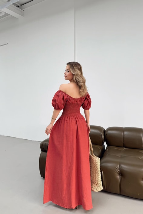 Keten Midi Elbise Taba