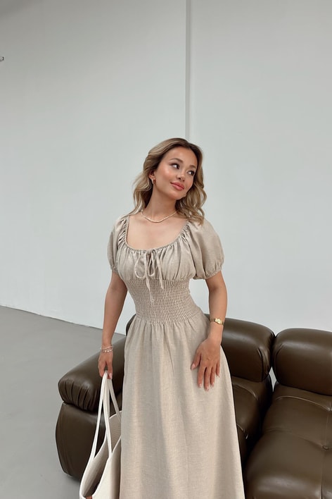Keten Midi Elbise Taş