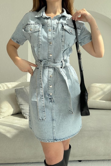 Kısa Kol Denım Elbise Buz Mavi