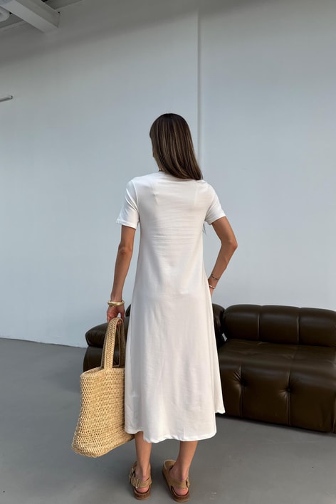 Kısa Kol Salaş Penye Elbise Bej