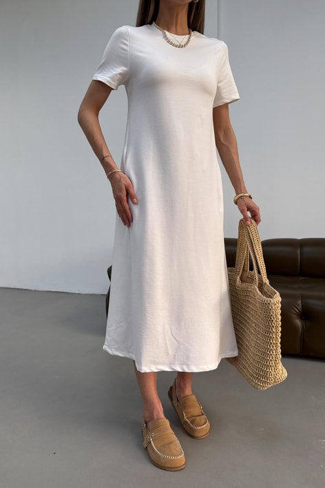 Kısa Kol Salaş Penye Elbise Bej