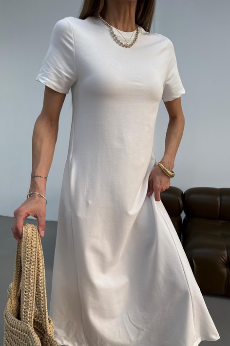 Kısa Kol Salaş Penye Elbise Bej