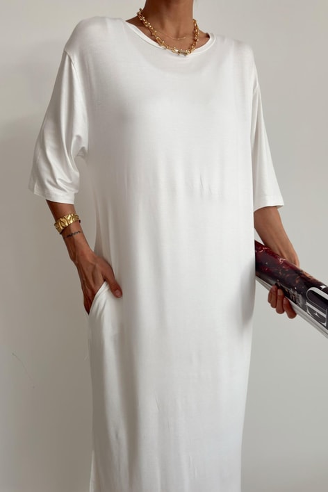 Kısa Kol Salaş Penye Elbise Ekru