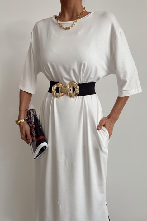 Kısa Kol Salaş Penye Elbise Ekru