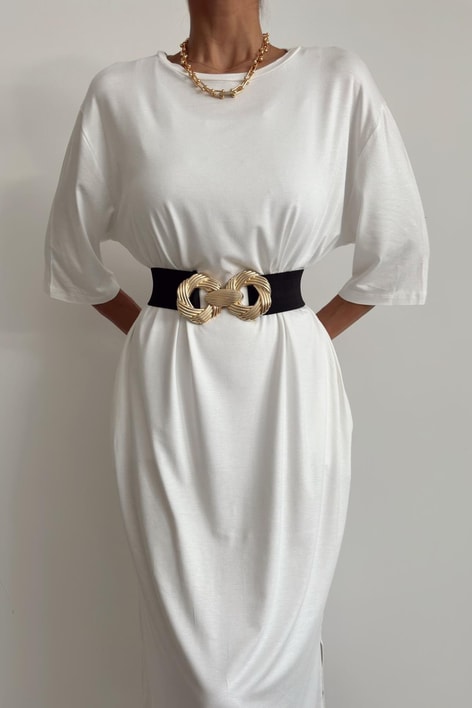 Kısa Kol Salaş Penye Elbise Ekru