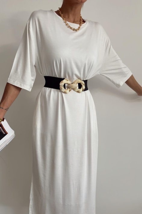 Kısa Kol Salaş Penye Elbise Ekru