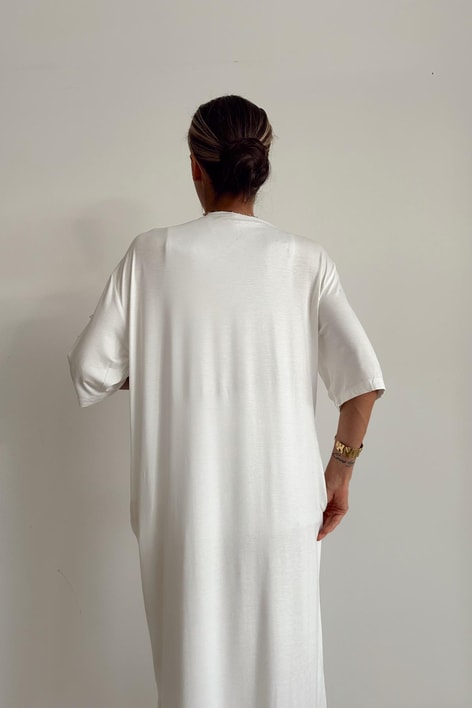 Kısa Kol Salaş Penye Elbise Ekru