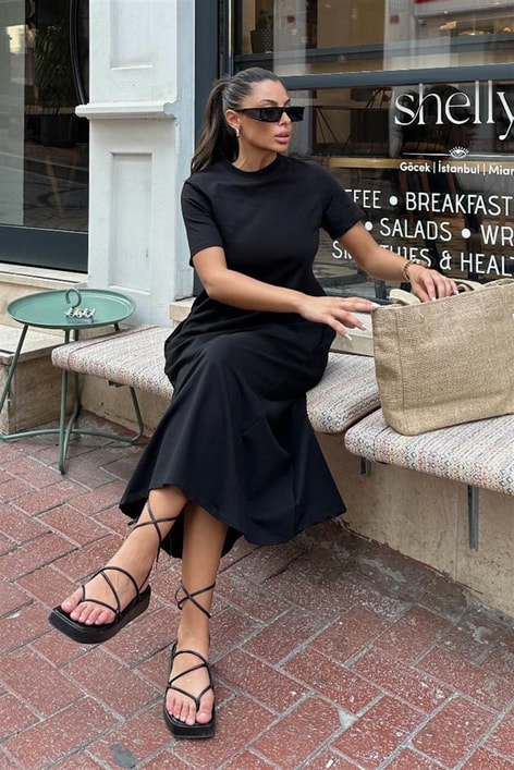 Kısa Kol Salaş Penye Elbise Siyah