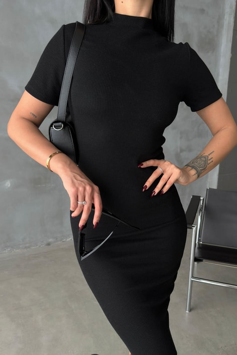 Kısa Kollu Fitilli Midi Elbise Siyah